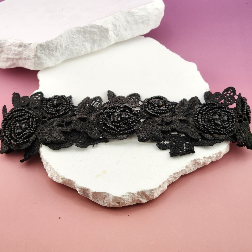 Black Lace Floral Seed Bead Choker Necklace Gothic Victorian Statement Collar